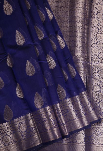 Lapis Blue Fancy Saree with Silver Zari Floral Patterns