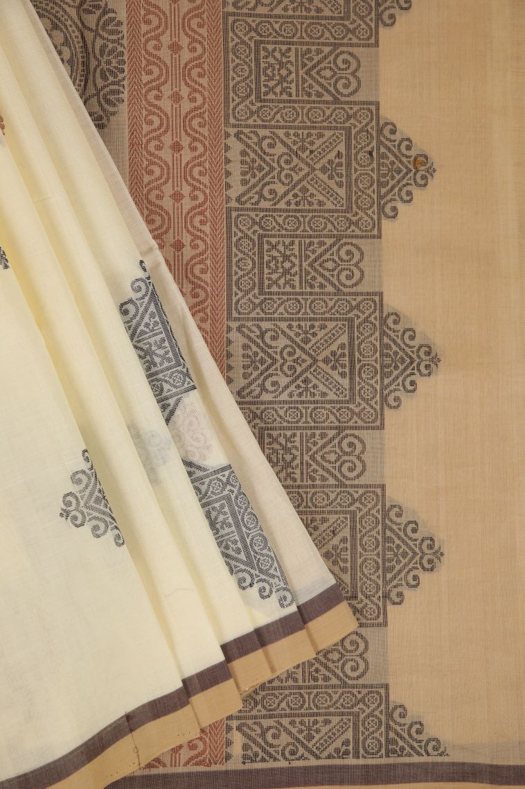 Beige Yellow Aruppukottai Cotton Sarees with Without Zari Zari Floral Patterns view 1