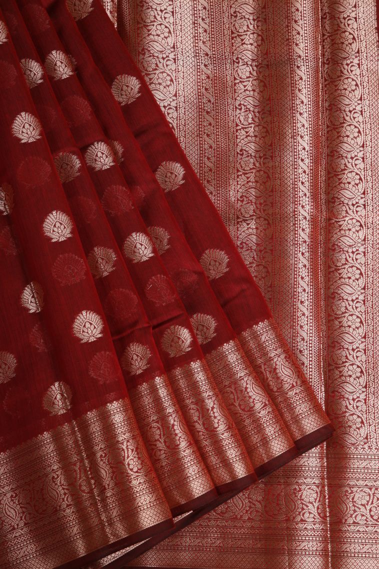 Candy Red Fancy Saree with Copper Zari Floral Patterns view 1