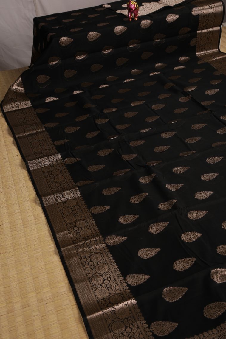 Asphalt Black Fancy Saree with Silver Zari Floral Patterns view 2