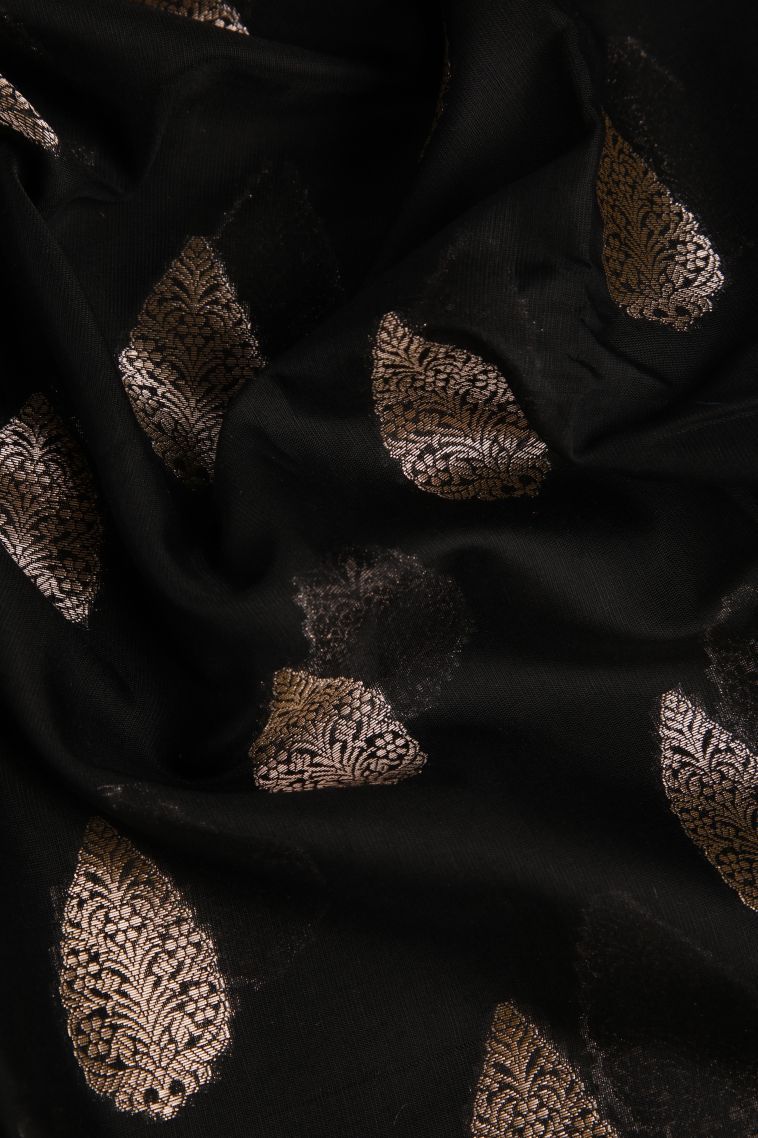 Asphalt Black Fancy Saree with Silver Zari Floral Patterns view 4