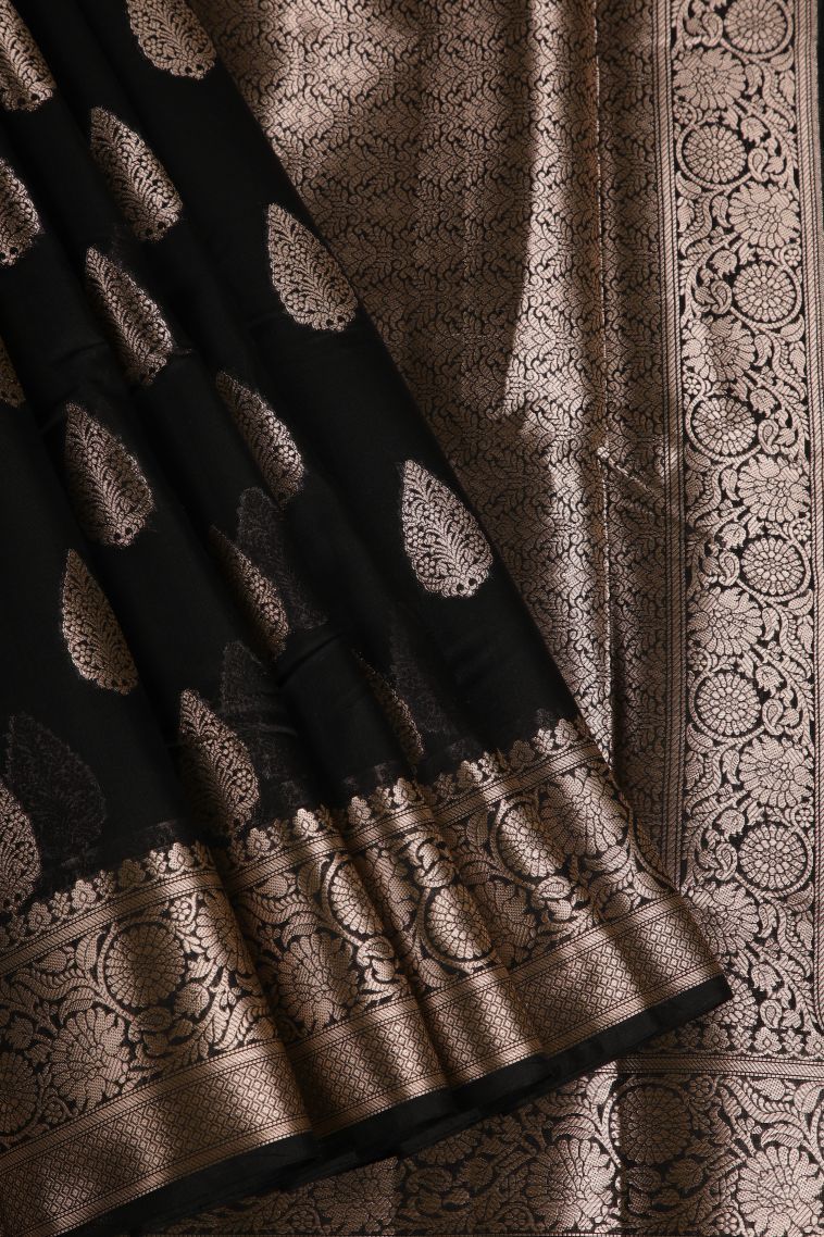 Asphalt Black Fancy Saree with Silver Zari Floral Patterns view 1