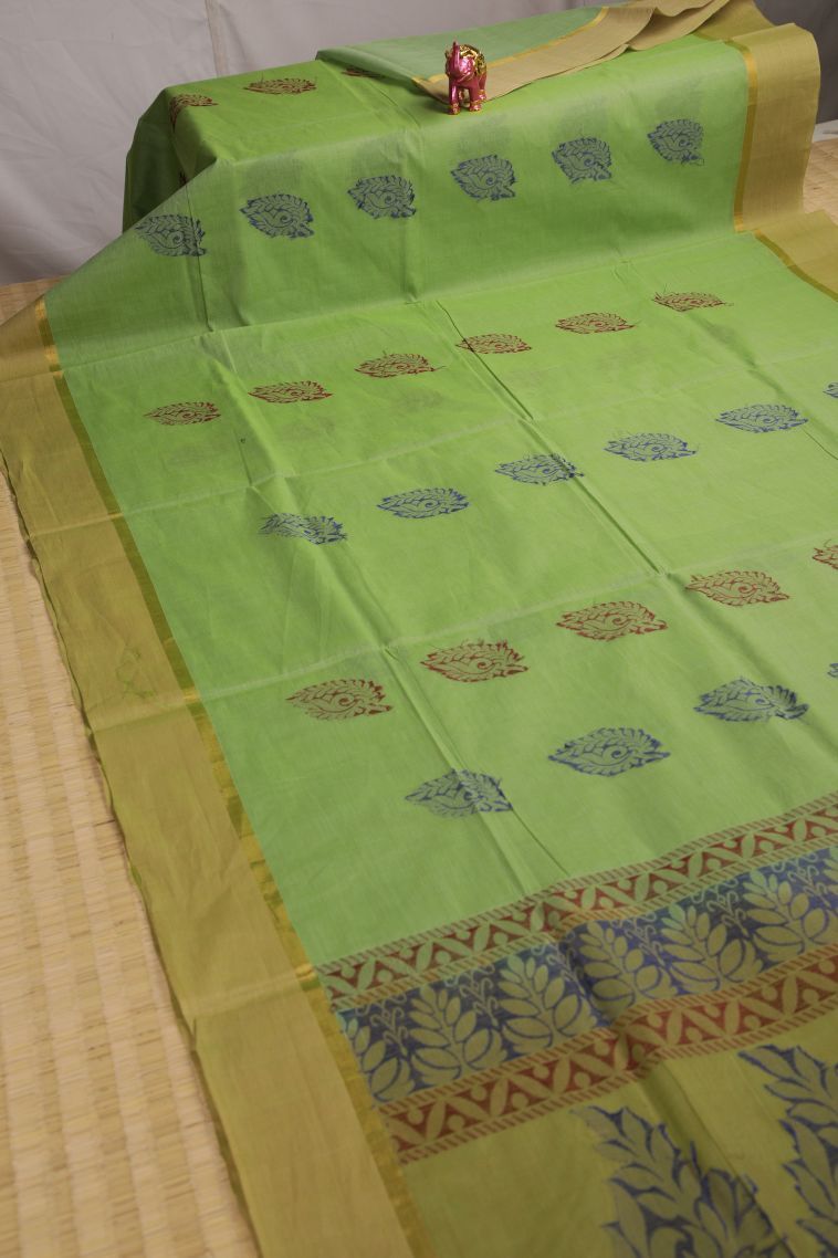 Olive Green Pure Handloom Kovai Cotton with Gold Zari Floral Patterns view 2