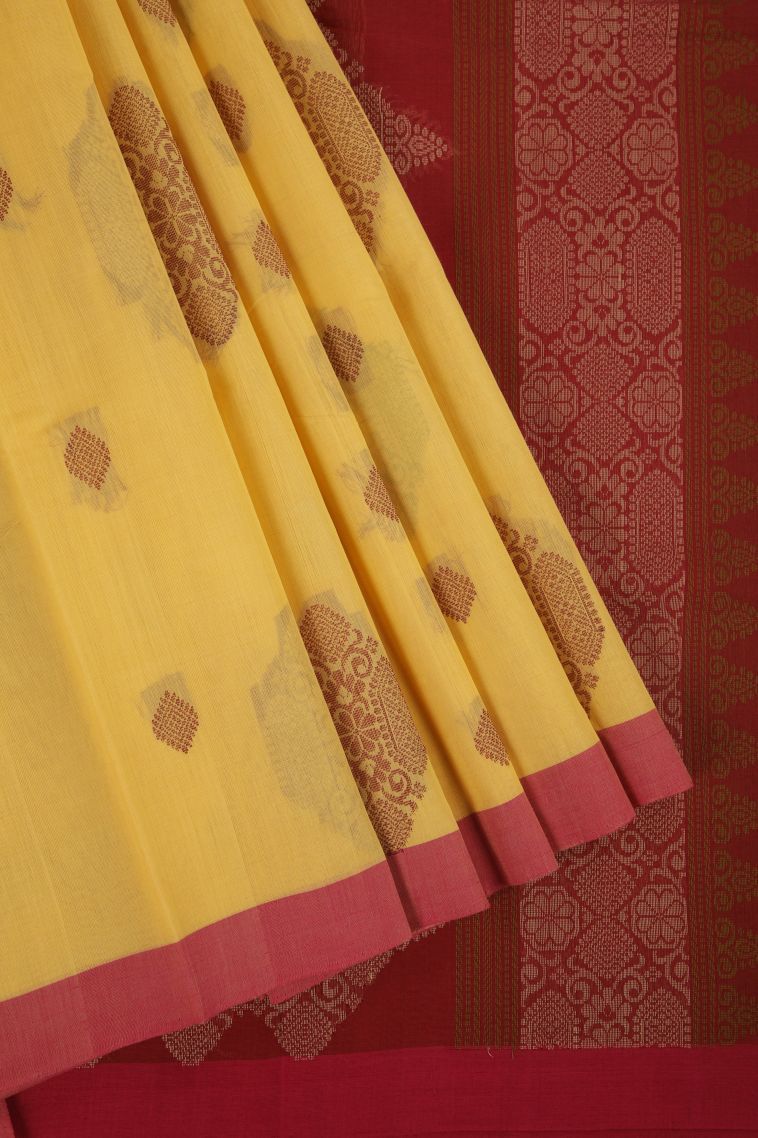 Lemon Yellow Pure Handloom Kovai Cotton with Without Zari Zari Floral Patterns view 1