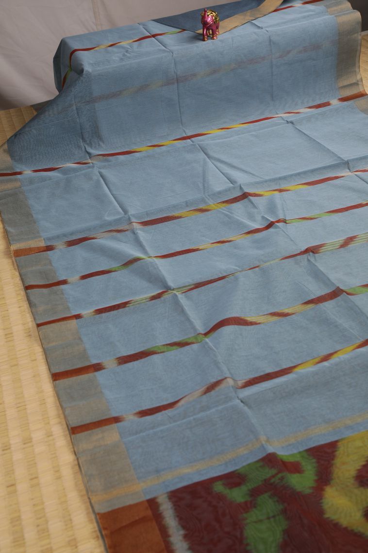 Granite Black Silk Cotton Sarees with Copper Zari Stripes view 2