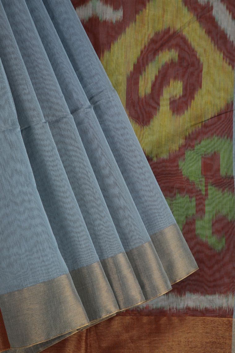 Granite Black Silk Cotton Sarees with Copper Zari Stripes view 1