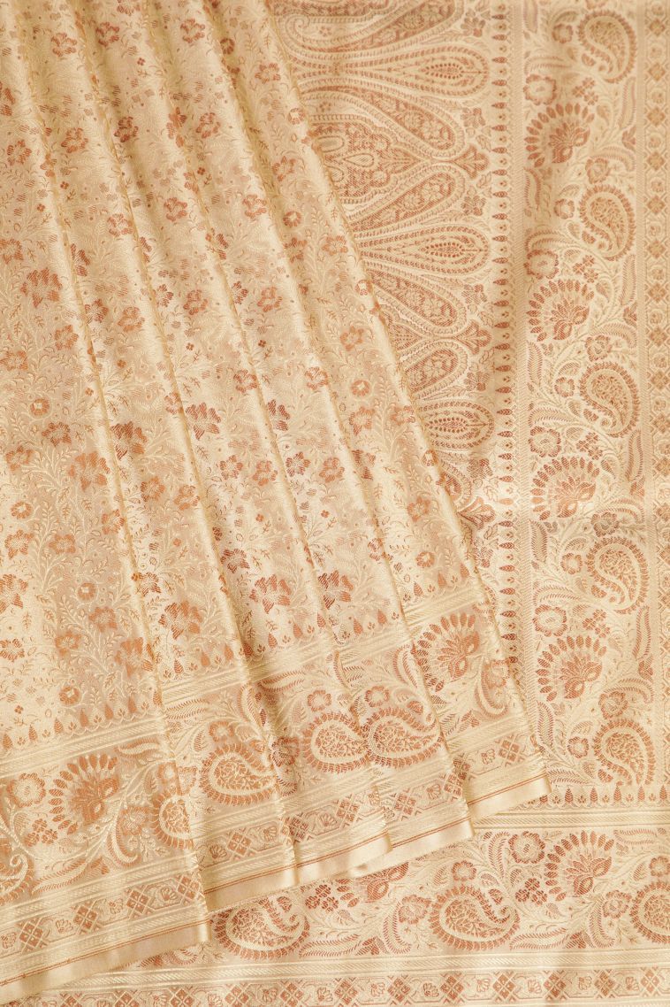 Beige Yellow Banaras Sarees with Gold And Silver Zari Floral Patterns view 1