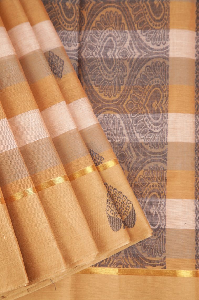 Tawny Brown Kanchi Cotton Sarees with Gold Zari Geometric Shapes view 1