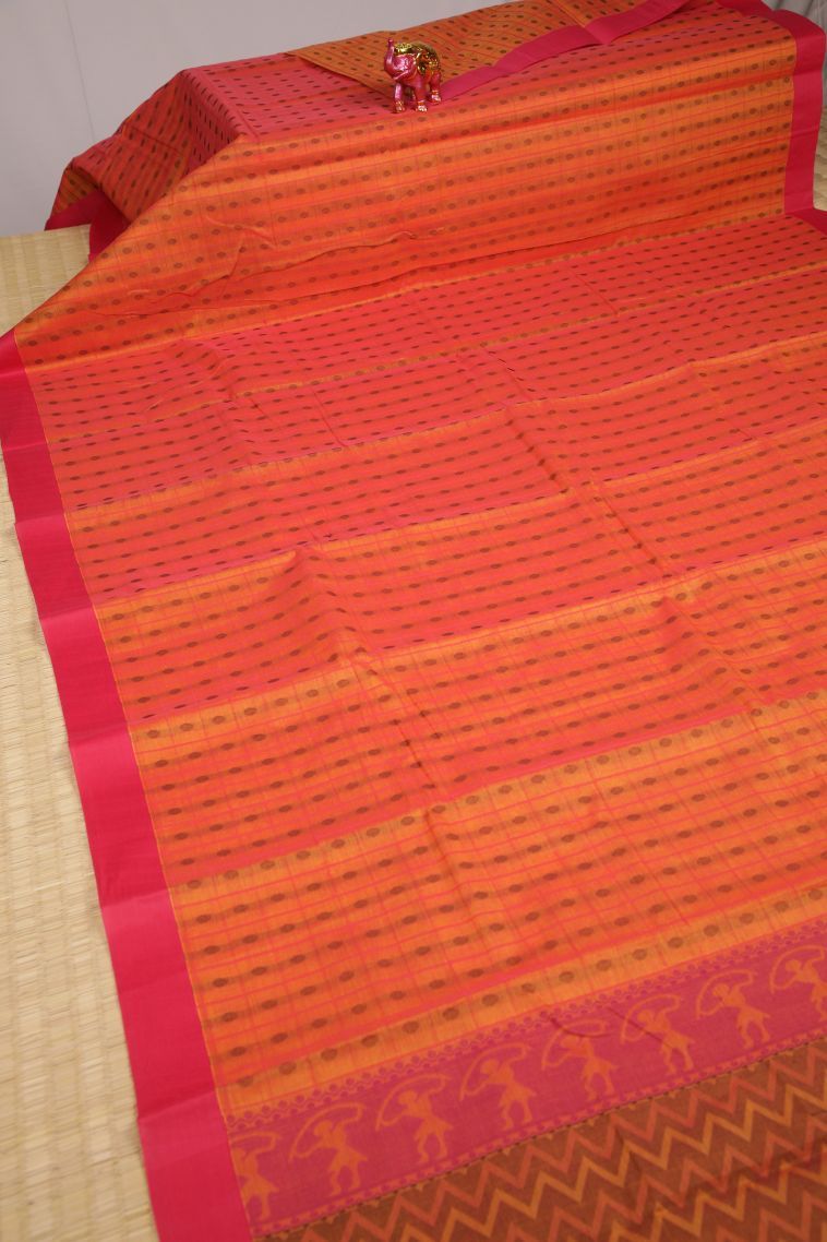 Tiger Orange Kanchi Cotton Sarees with Without Zari Zari Buttis (small Dots Or Motifs) view 2