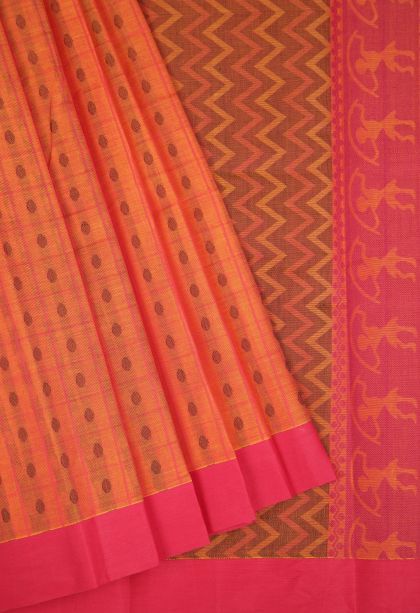 Tiger Orange Kanchi Cotton Sarees with Without Zari Zari Buttis (small Dots Or Motifs)