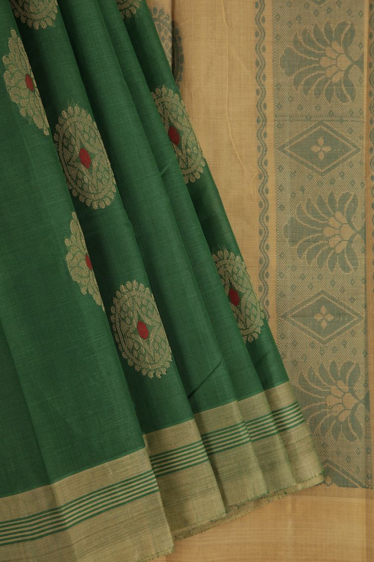 Basil Green Kanchi Cotton Sarees with Copper Zari Floral Patterns view 1