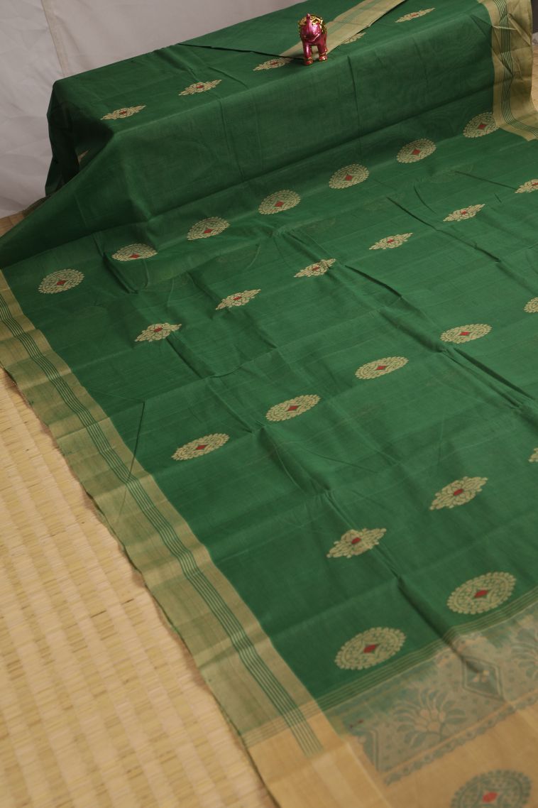 Basil Green Kanchi Cotton Sarees with Copper Zari Floral Patterns view 2