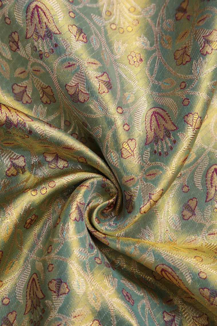 Cerulean Blue Kanchipuram Silk Sarees with Gold And Silver Zari Floral Patterns view 4