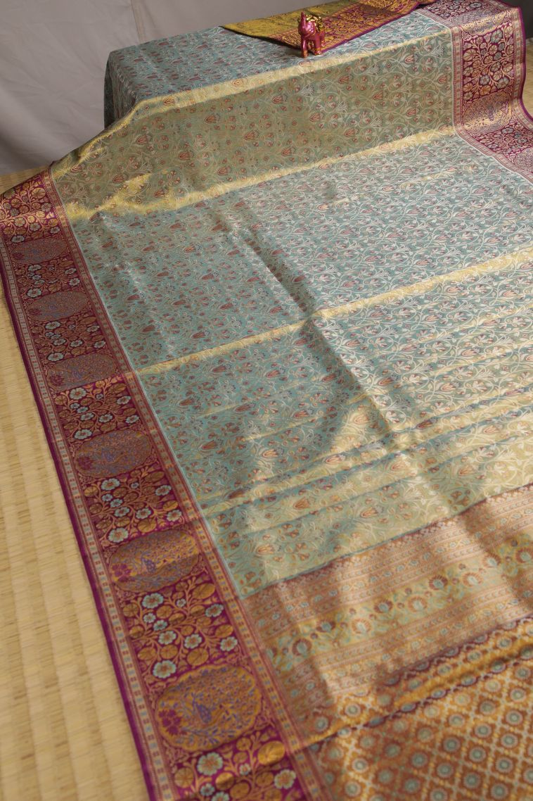 Cerulean Blue Kanchipuram Silk Sarees with Gold And Silver Zari Floral Patterns view 2