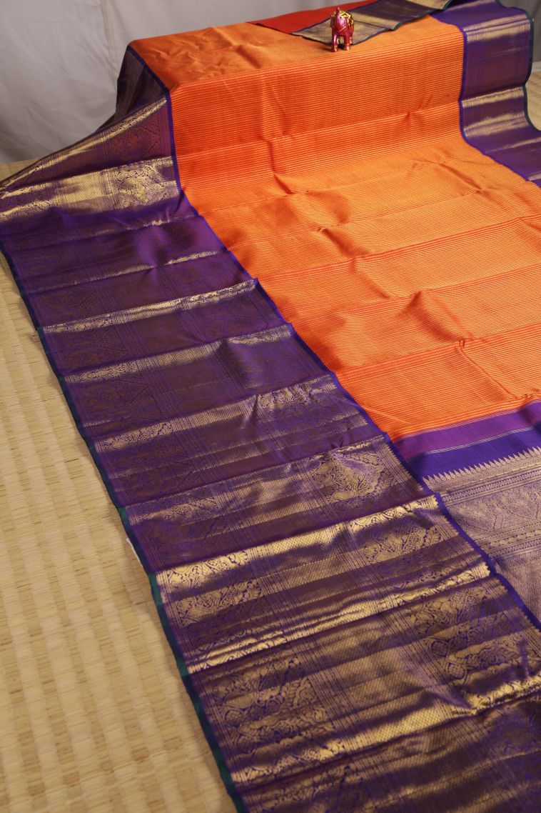 Tiger Orange Kanchipuram Silk Sarees with Gold Zari Stripes view 2
