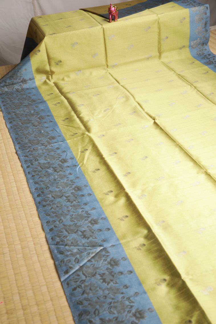 Olive Green Fancy Saree with Silver Zari Floral Patterns view 2