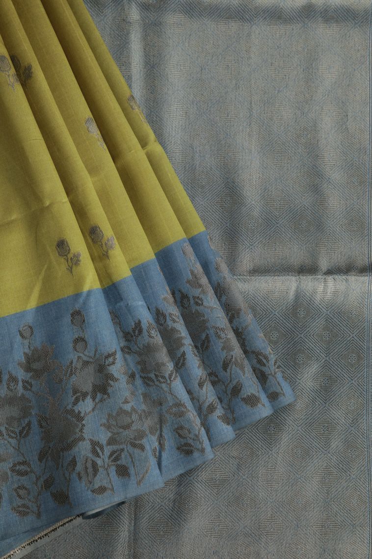 Olive Green Fancy Saree with Silver Zari Floral Patterns view 1