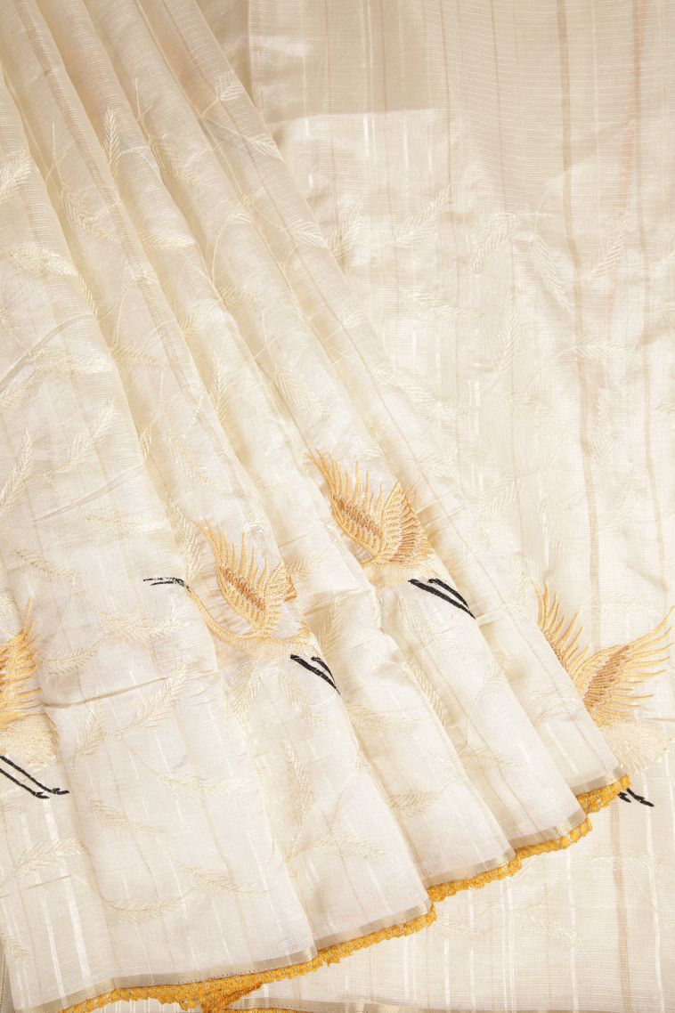 Cream White Fancy Saree with Without Zari Zari Floral Patterns view 1