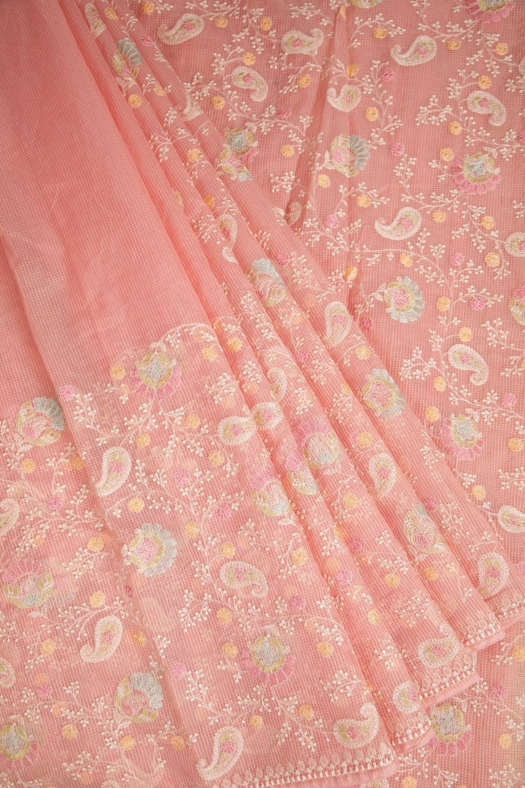 Peach Pink Designer Sarees with Without Zari Zari Floral Patterns view 1