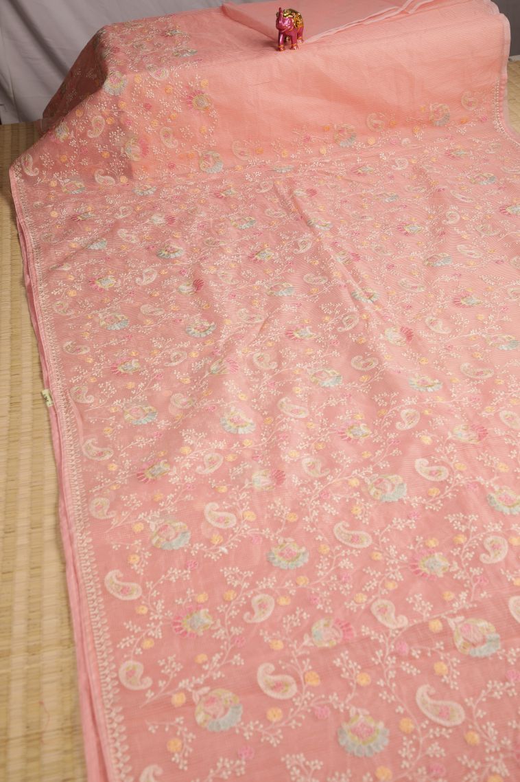 Peach Pink Designer Sarees with Without Zari Zari Floral Patterns view 2