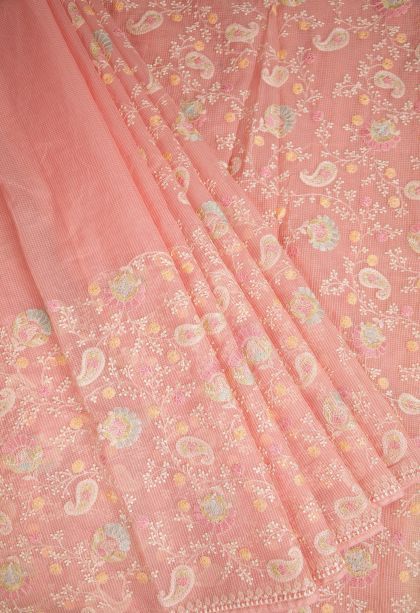 Peach Pink Designer Sarees with Without Zari Zari Floral Patterns
