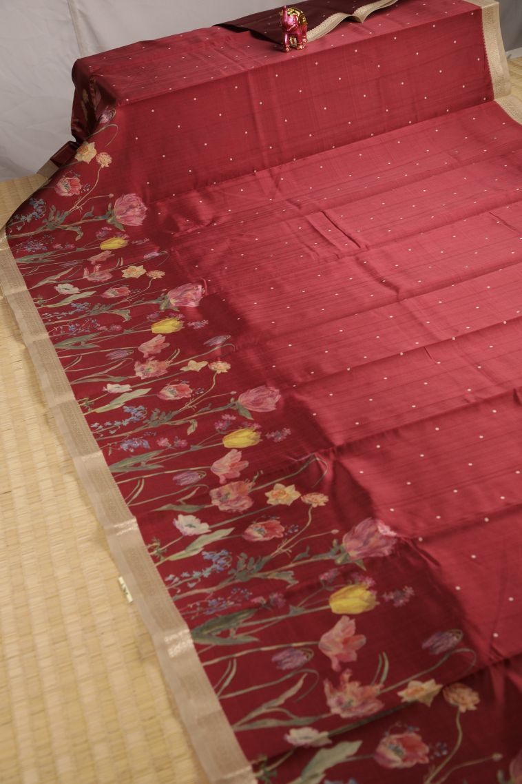 Crimson Red Fancy Saree with Silver Zari Floral Patterns view 2