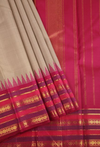 Linen White Kanchipuram Silk Sarees with Gold Zari Checks