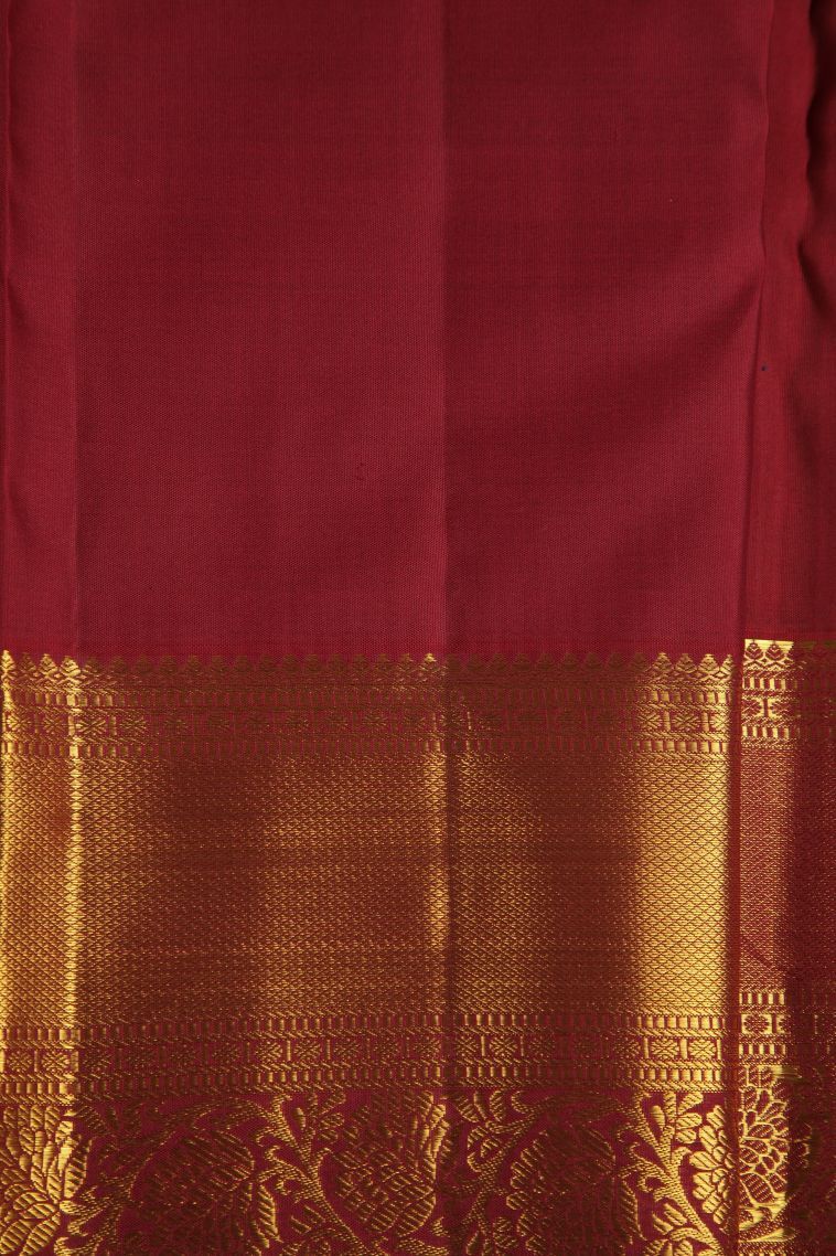 Apple Red Kanchipuram Silk Sarees with Gold Zari Peacock Motifs view 3