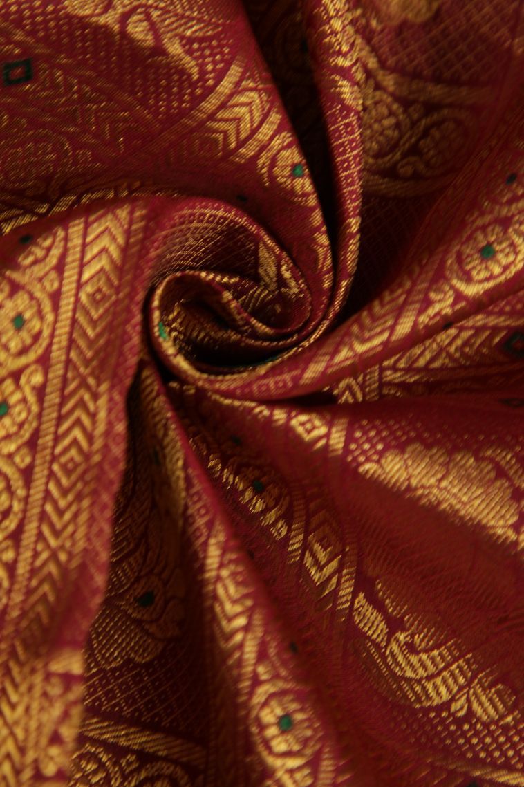 Apple Red Kanchipuram Silk Sarees with Gold Zari Peacock Motifs view 4