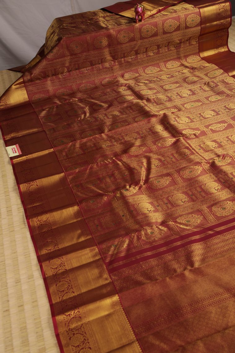 Apple Red Kanchipuram Silk Sarees with Gold Zari Peacock Motifs view 2