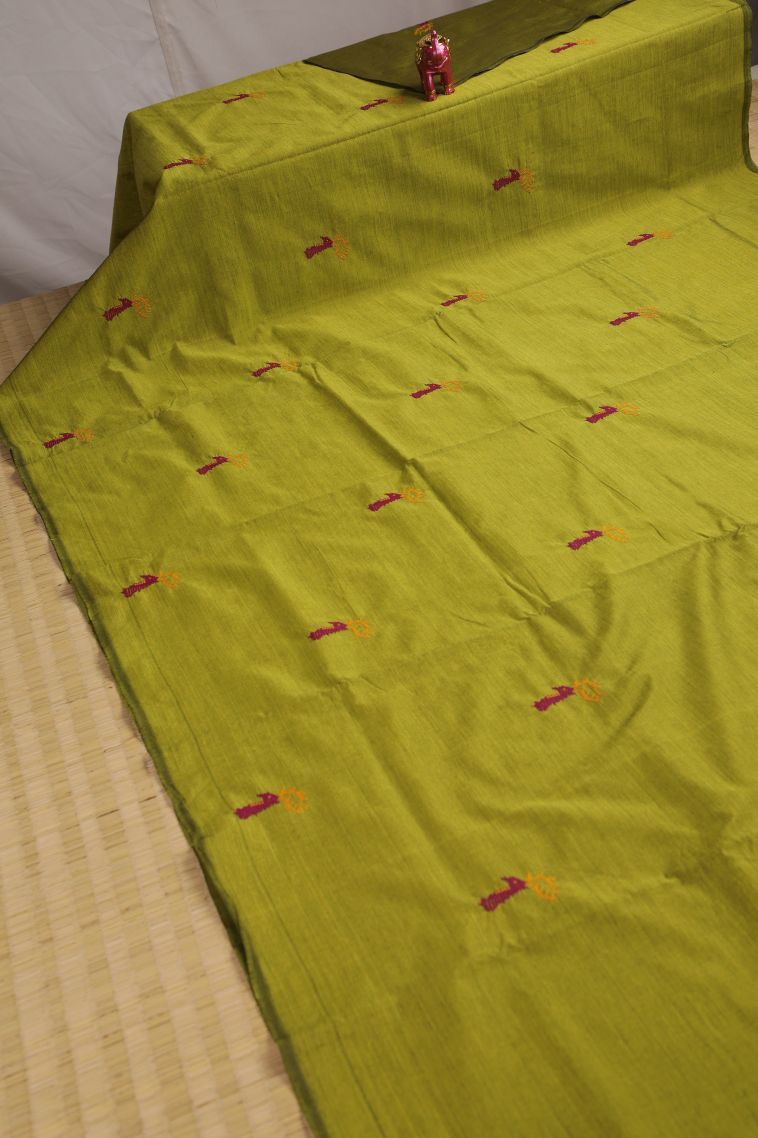 Pear Green Poly Cotton Sarees with Without Zari Zari Animal And Bird Motifs view 2
