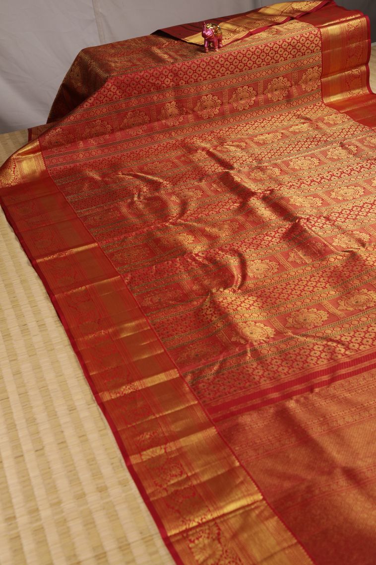 Candy Red Kanchipuram Silk Sarees with Gold Zari Peacock Motifs view 2