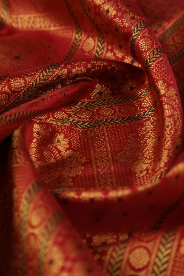 Candy Red Kanchipuram Silk Sarees with Gold Zari Peacock Motifs view 4