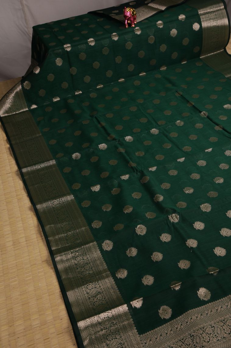 Pine Green Fancy Saree with Gold Zari Floral Patterns view 2