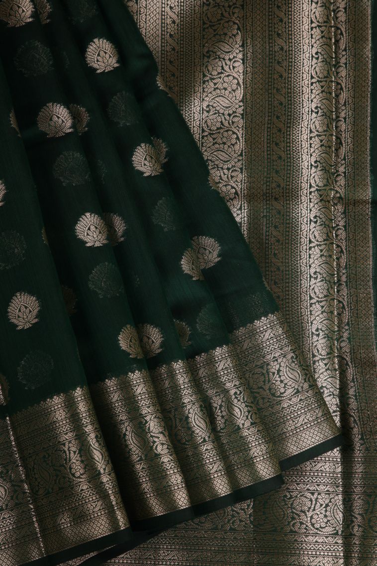 Pine Green Fancy Saree with Gold Zari Floral Patterns view 1