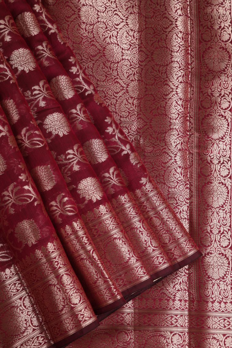 Crimson Red Fancy Saree with Silver Zari Floral Patterns view 1