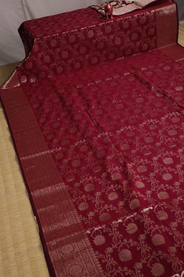 Crimson Red Fancy Saree with Silver Zari Floral Patterns view 2