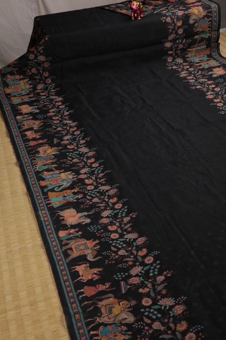 Asphalt Black Fancy Saree with Without Zari Zari Floral Patterns view 2