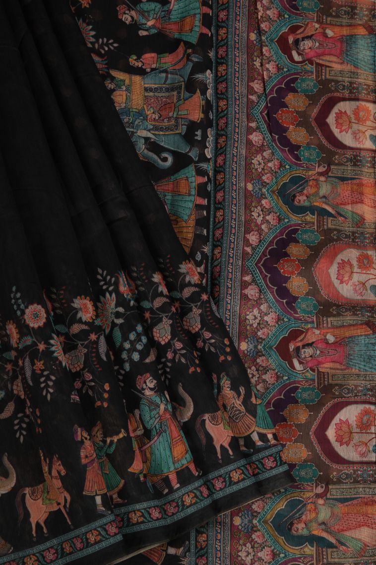 Asphalt Black Fancy Saree with Without Zari Zari Floral Patterns view 1