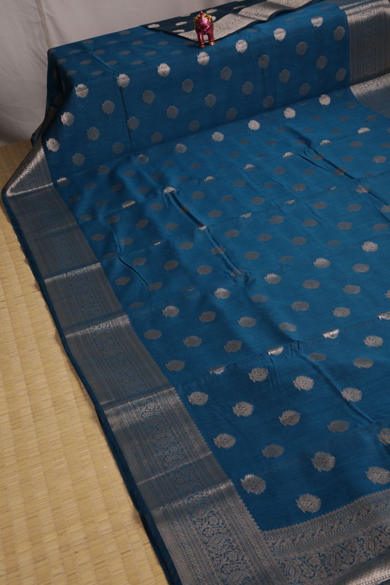 Admiral Blue Fancy Saree with Silver Zari Floral Patterns view 2