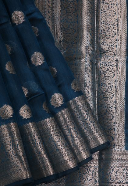Admiral Blue Fancy Saree with Silver Zari Floral Patterns