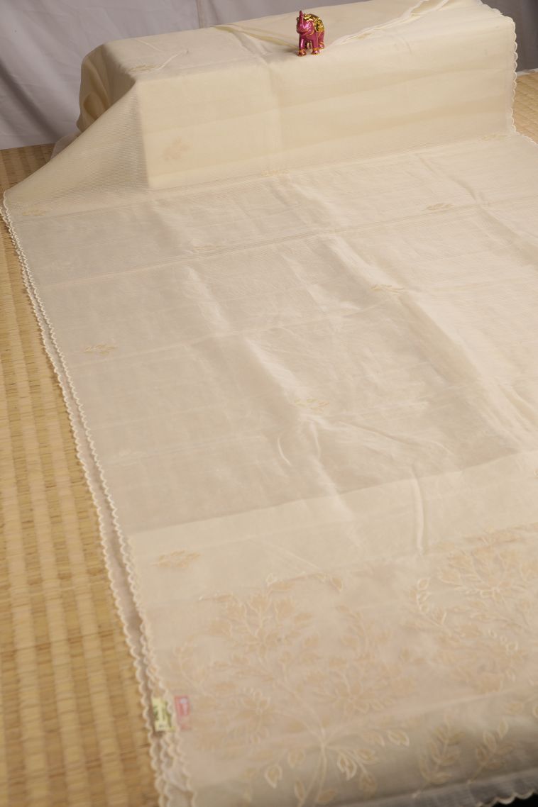 Cream White Organza Saree with Without Zari Zari Floral Patterns view 2