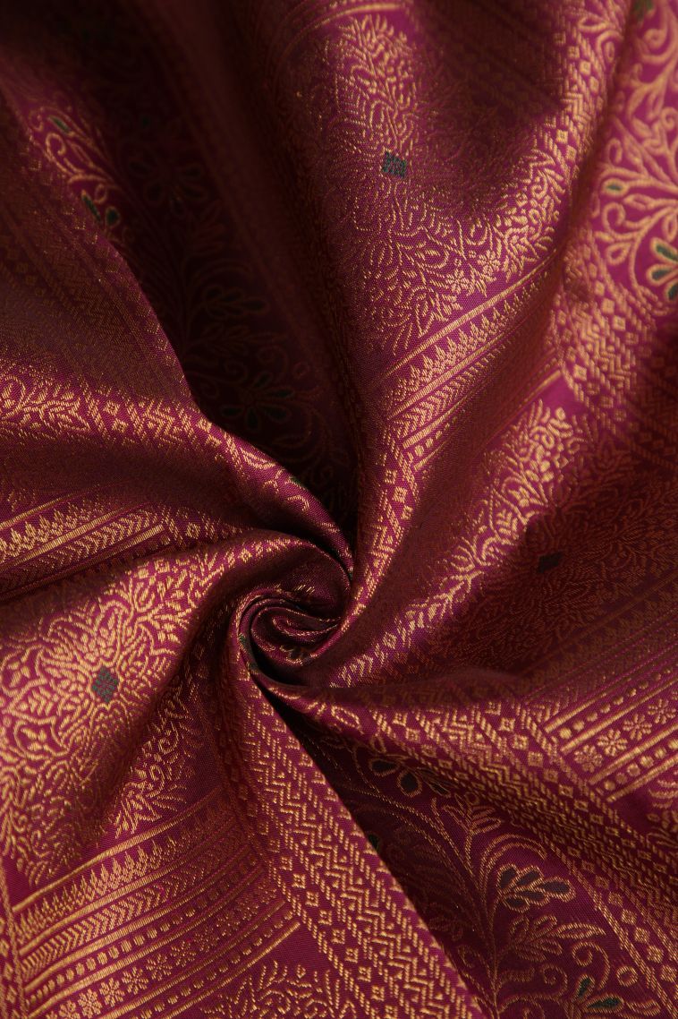 Magenta Purple Kanchipuram Silk Sarees with Gold Zari Floral Patterns view 4