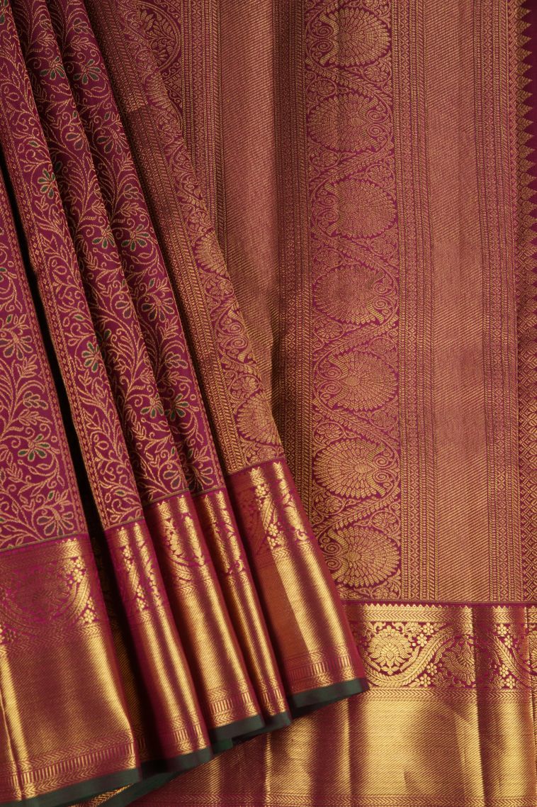 Magenta Purple Kanchipuram Silk Sarees with Gold Zari Floral Patterns view 1