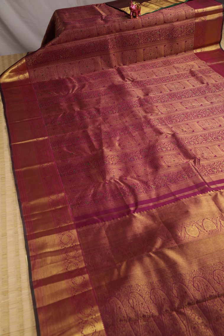 Magenta Purple Kanchipuram Silk Sarees with Gold Zari Floral Patterns view 2
