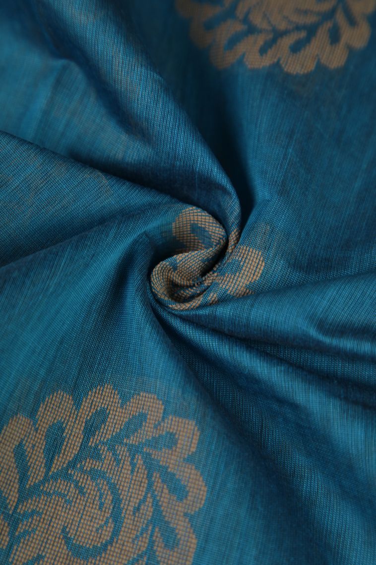 Cerulean Blue Silk Cotton with Copper Zari Floral Patterns view 4