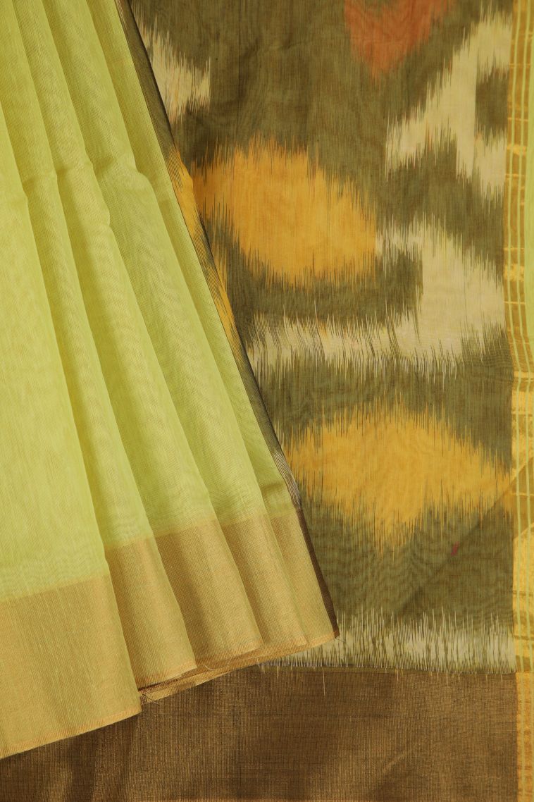 Lemon Yellow Silk Cotton Sarees with Copper Zari Stripes view 1