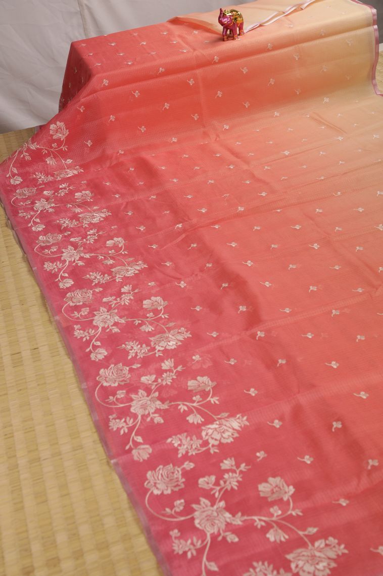 Watermelon Pink Fancy Saree with Silver Zari Floral Patterns view 2