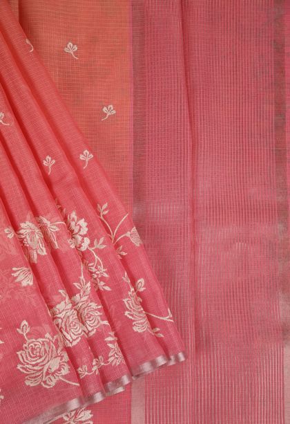 Watermelon Pink Fancy Saree with Silver Zari Floral Patterns