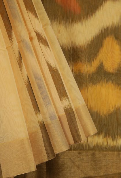 Macaroon Yellow Pochampalli Saree with Copper Zari Stripes